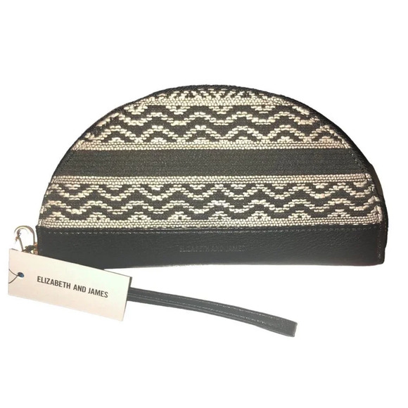 ELIZABETH & JAMES Vegan Leather Black & Cream Textile Halfmoon Wristlet Wallet - Picture 1 of 5